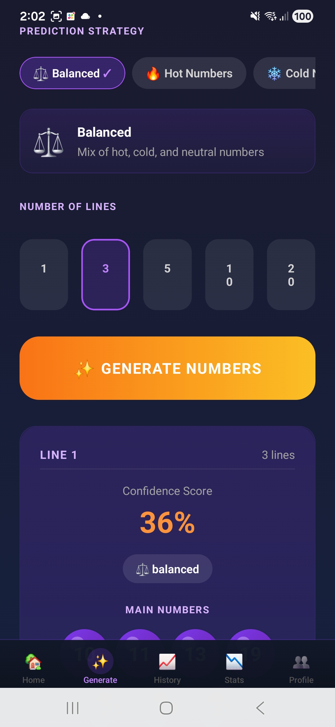 DrawMe Generate screen showing strategy selector and generated number lines with confidence scores