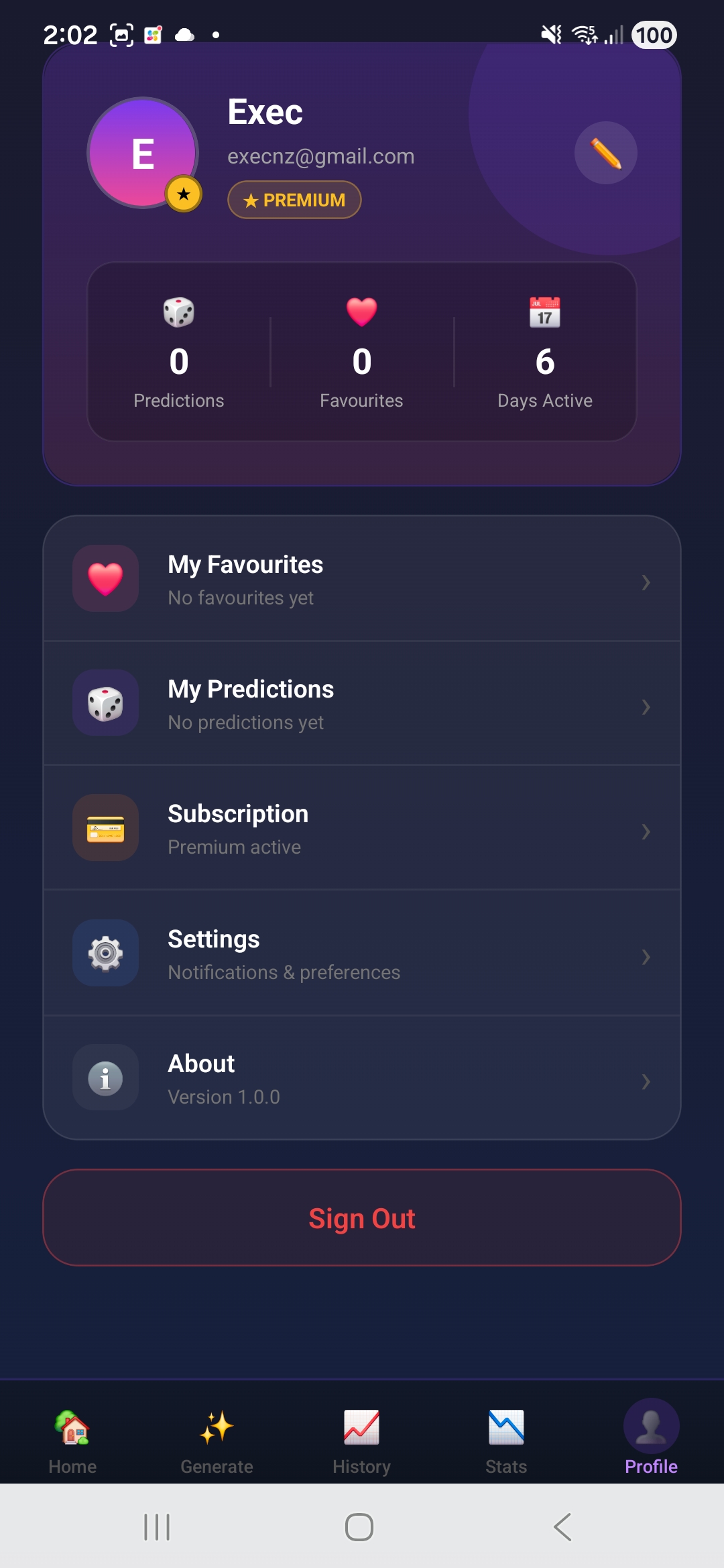 DrawMe Profile screen showing user stats, favourites and premium subscription status