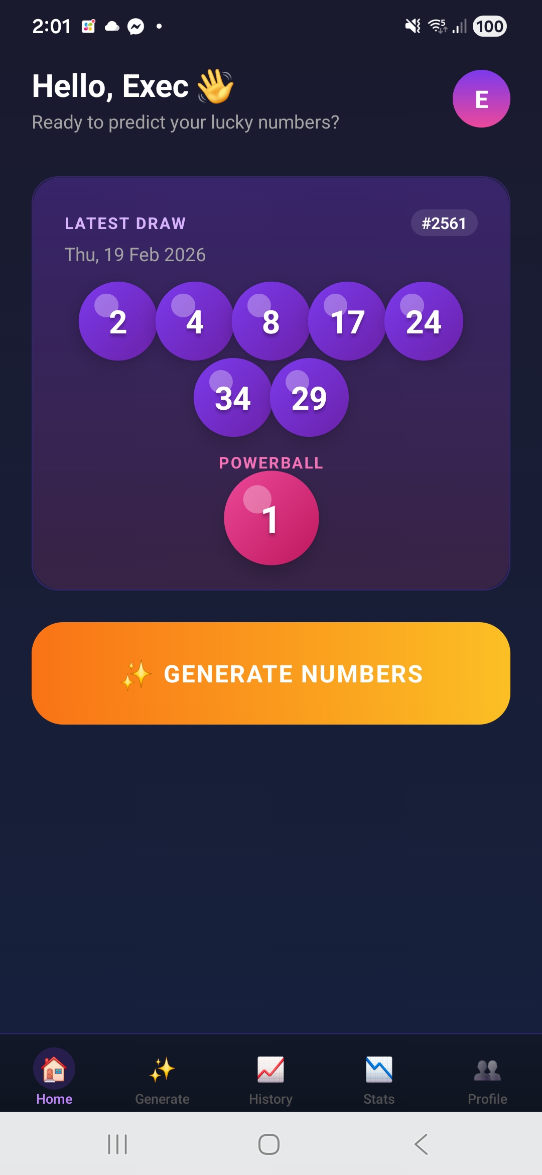 DrawMe Home screen showing latest NZ Lotto draw results and generate button